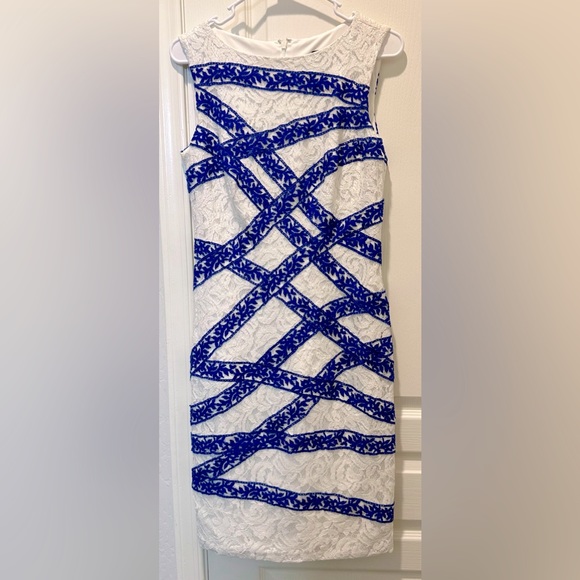 Tadashi Shoji Sleeveless White Lace Sheath w Banded Lace Ribbon Effect Detailing - Picture 3 of 8